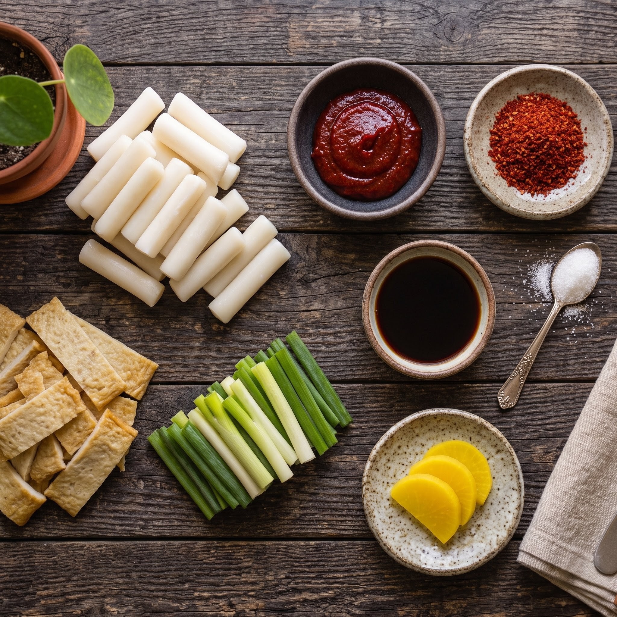 Raw ingredients for tteokbokki laid out: rice cakes, gochujang, gochugaru, fish cake, spring onion