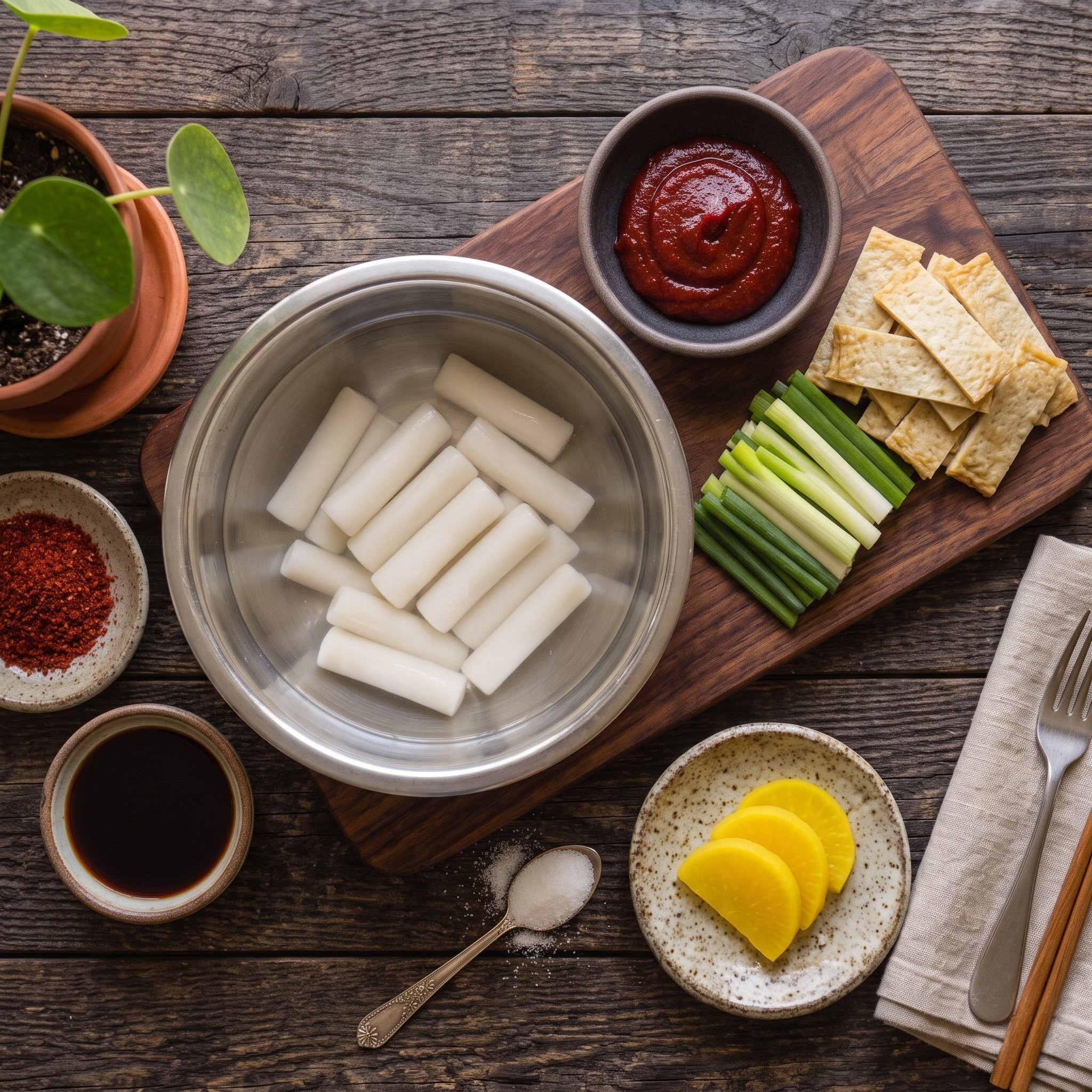 Step 1: Korean rice cakes soaking in water with fish cake and spring onion prepared