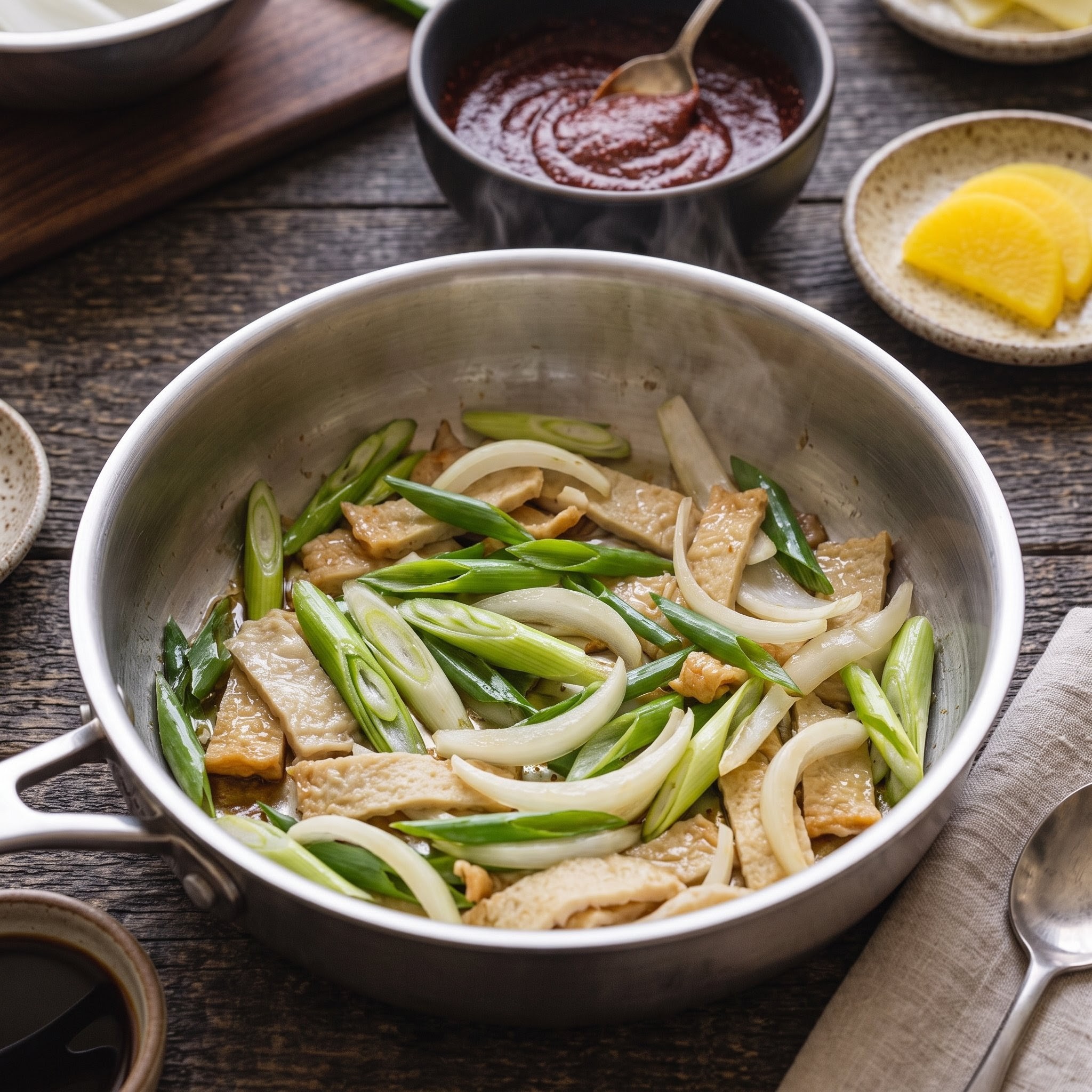Step 3: spring onion, onion and fish cake being stir-fried in a pot