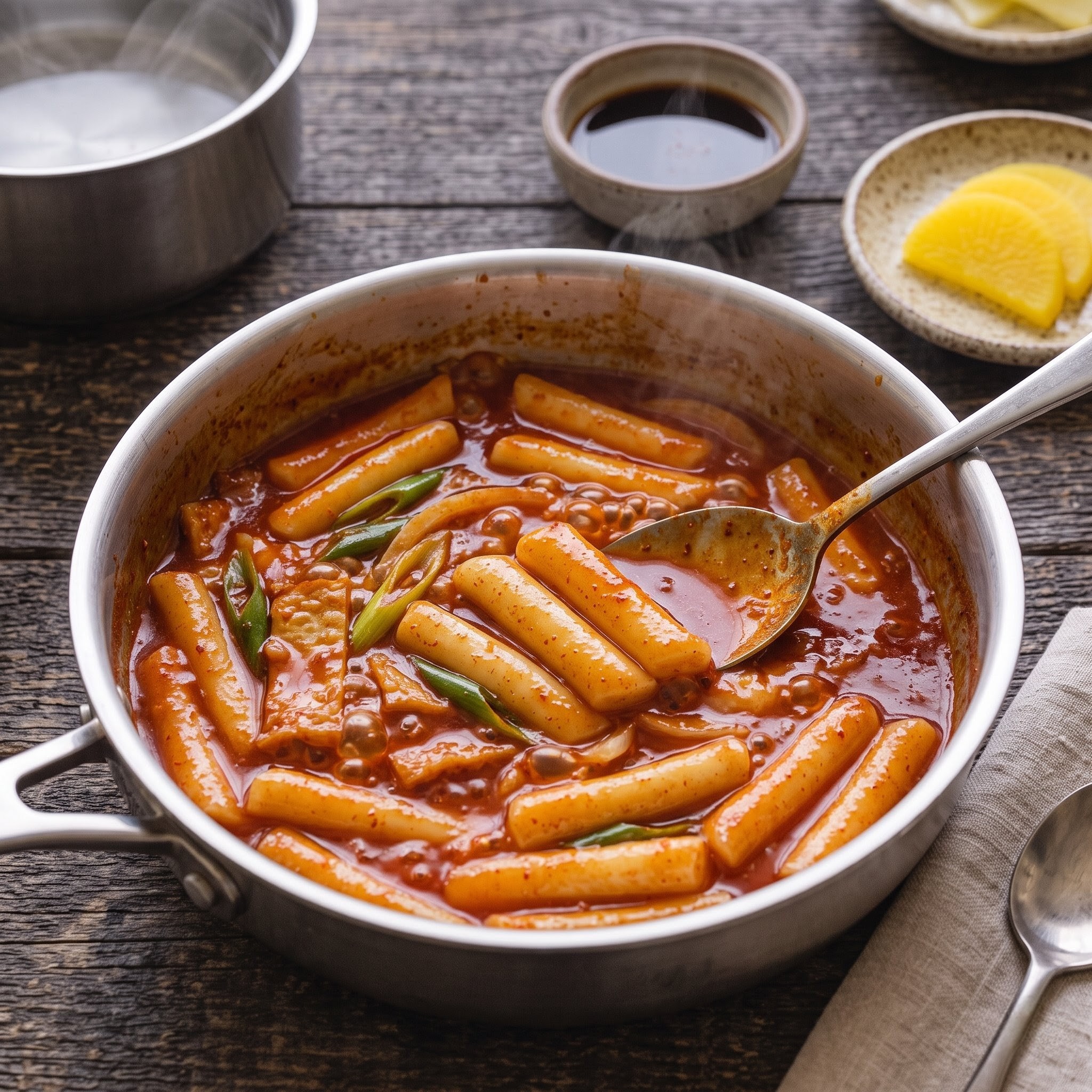 Step 4: rice cakes simmering in red tteokbokki sauce