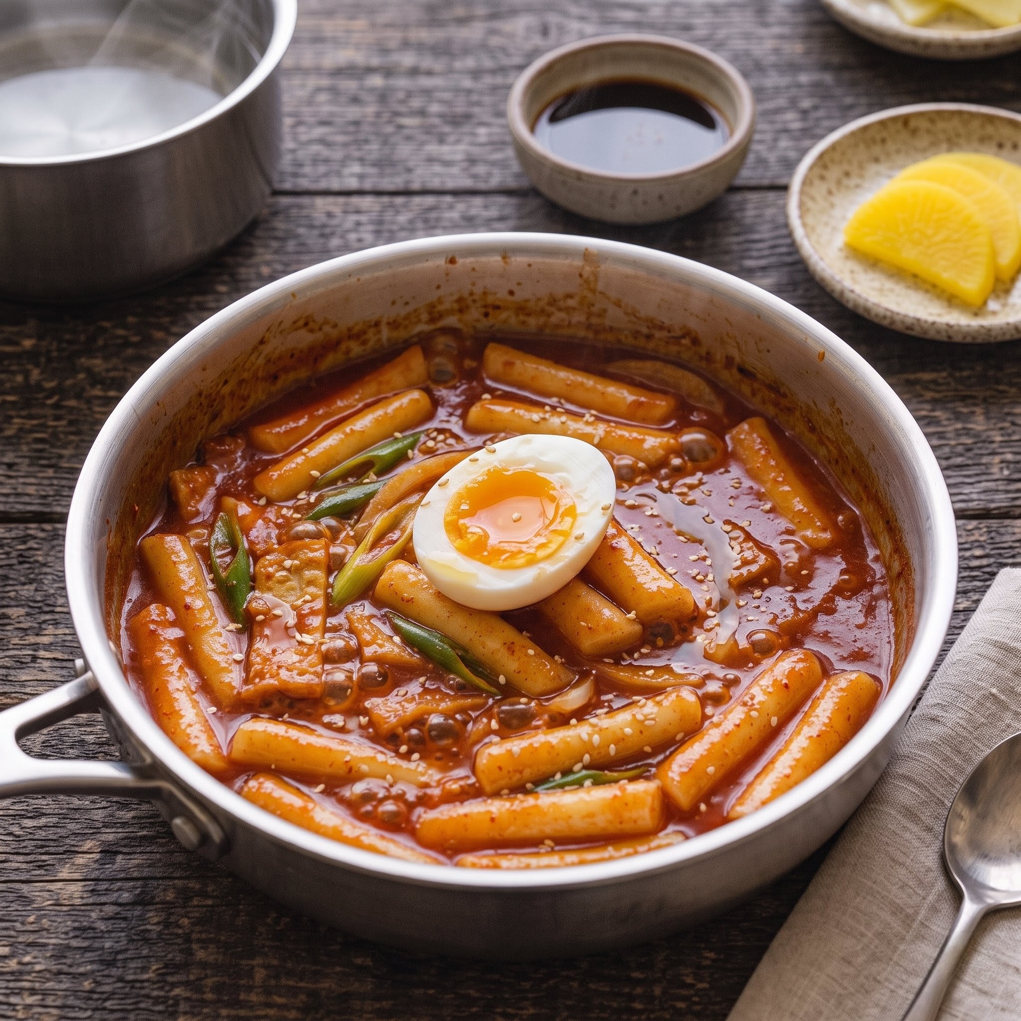 Step 5: tteokbokki finished with a soft-boiled egg and sesame seeds