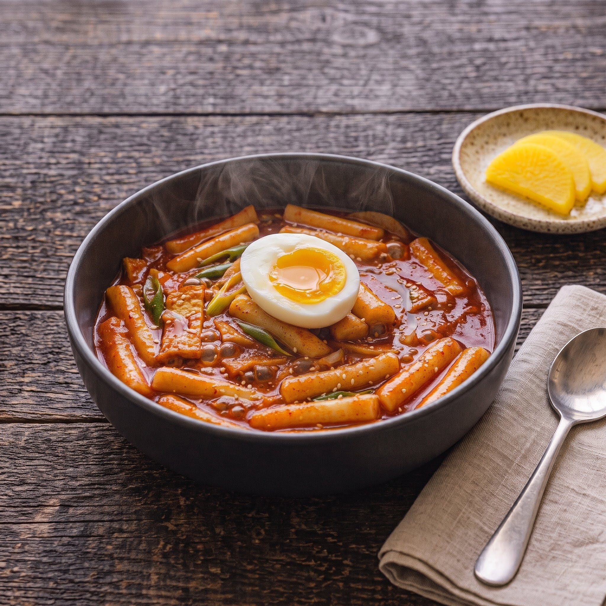 Step 6: finished tteokbokki plated in a ceramic bowl, ready to serve